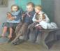 Preview: Monogrammist LT: Gemälde 3 Kinder mit Hund auf einer Holzbank am Ofen sitzend, dem Flötenspiel lauschend