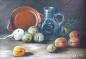 Preview: C. Mann: Gemälde Stilleben mit Henkelkrug, Schale, Rettich, Pfirsich und anderen Früchten