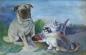 Preview: Monogrammist KH: Gemälde Hund mit 3 Katzen am Futternapf