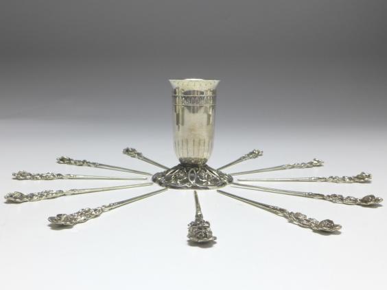12x Sticks im Becher, 835er Silber, Hildesheimer Rose, H: 8,5 cm