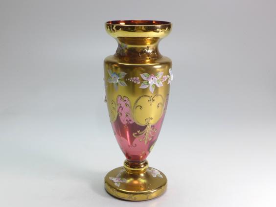 Vase, rosa Glas, Blumendekor, H: 21,5 cm