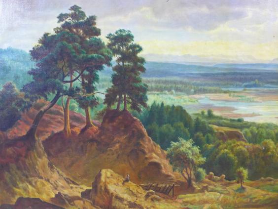 Gemälde: Isarbett bei München, nach Eduard Schleich, Öl/Leinwand, 109 x 135 cm