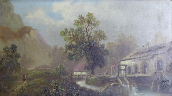 Dumont: Landschaft mit Mühle und Bachlauf, Öl auf Leinwand, 37 x 50 cm