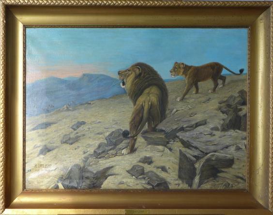 Künstler Ortlepp, Gemälde mit Löwen und Rahmen
