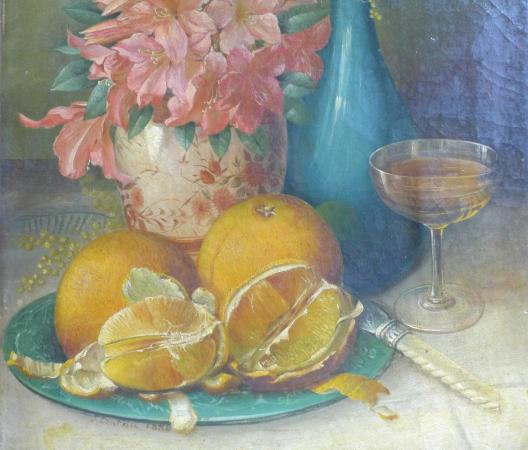 J. Cantrill, 1886: Gemälde Stilleben mit Blumen, Früchte