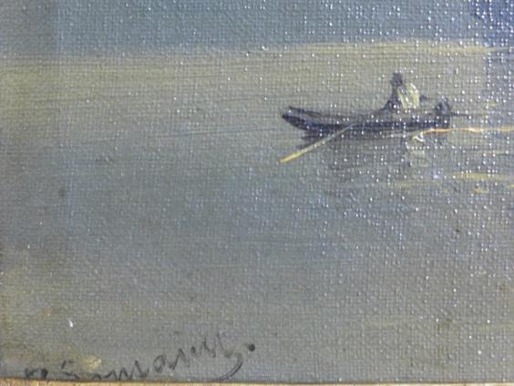 Lomann, F., Mondscheinbild, Gemälde Im Mondschein - See mit Fischer Booten