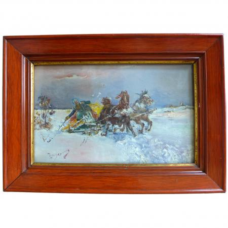 Fischer: Gemälde Fahrender Pferdeschlitten im Schnee. Öl/Leinwand