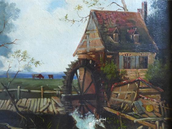 M. v. Gilsa: Gemälde Landschaft mit altem Haus und Mühle am Bachlauf. Öl/Leinwand