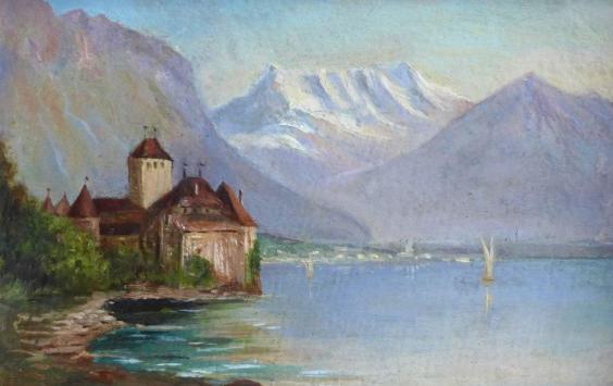 Paar Gemälde Landschaft mit See / Berglandschaft mit Hütte