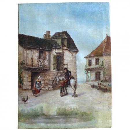 Gemälde Hausansicht mit Reiter und Bauernpaar
