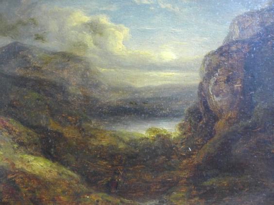Gemälde Bergige Landschaft mit See bei gewittriger Stimmung