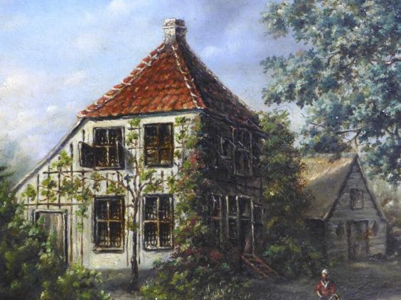 Monogrammist HS, 1871: Gemälde Hofstelle mit 2 Häusern