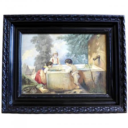 Riecke: Gemälde 3 Kinder am Brunnen, mit einem Segelboot spielend