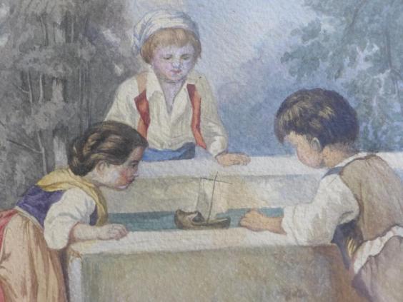 Riecke: Gemälde 3 Kinder am Brunnen, mit einem Segelboot spielend