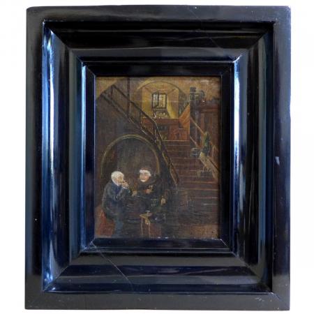 Gemälde Mönch und Gutsherr beim Weintrinken im Haus, mit Interieur