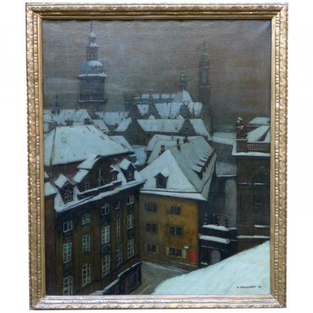 Siegfried Mackowsky: Gemälde Stadtansicht, Dresden um 1908, Blick vom Neumarkt Richtung Schlossturm und Katholische Hofkirche