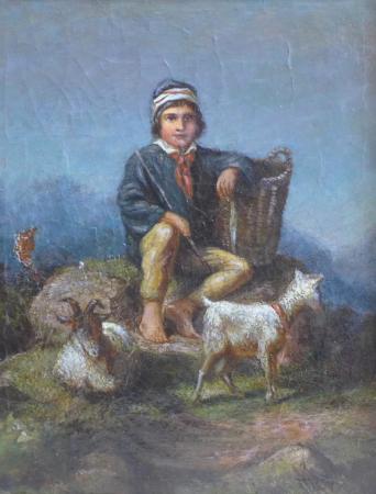 Gemälde Hirtenjunge mit Ziegen, auf einem Fels sitzend, 19. Jh.