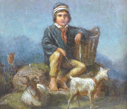 Gemälde Hirtenjunge mit Ziegen, auf einem Fels sitzend, 19. Jh.