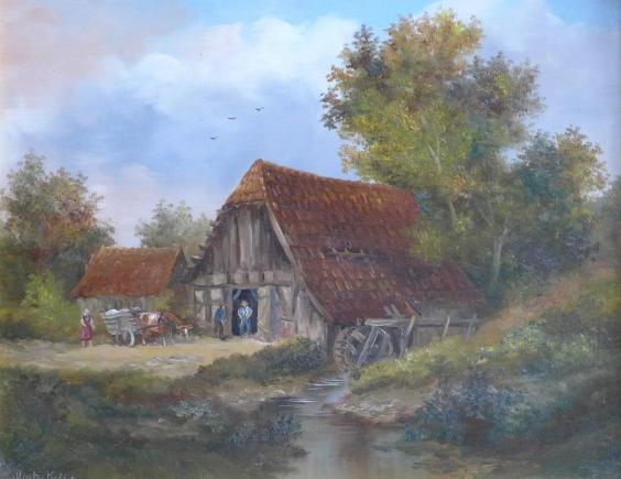 Elisabeth Paetz-Kalich: Gemälde Gehöft mit Wassermühle