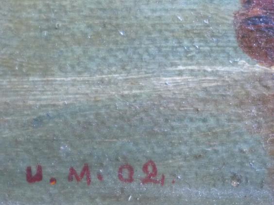 Monogrammist U. M. (19)02: Gemälde Segelboot auf See mit bergiger Uferlandschaft