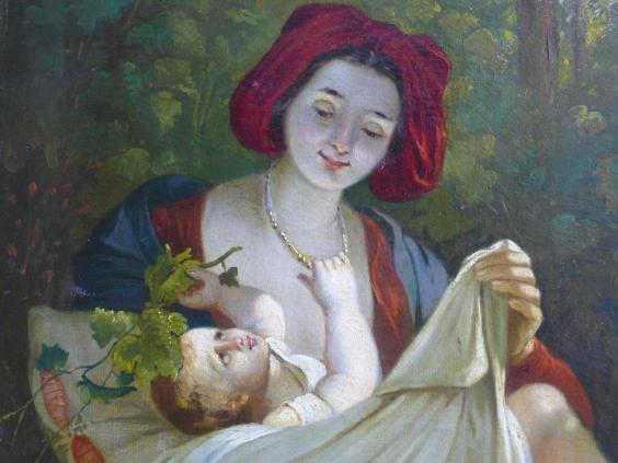 altes Gemälde Junge Frau mit Kind unter Bäumen sitzend