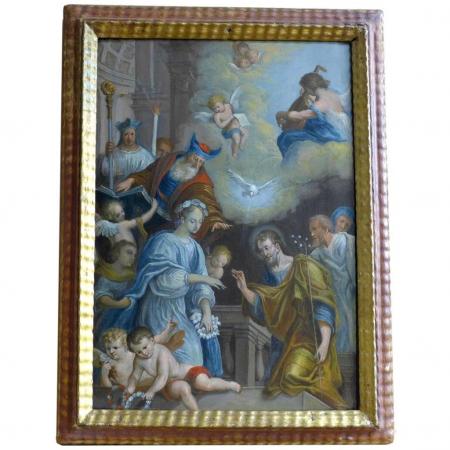 altes sakrakles Gemälde Heiligenbild Die Hochzeit von Maria und Josef