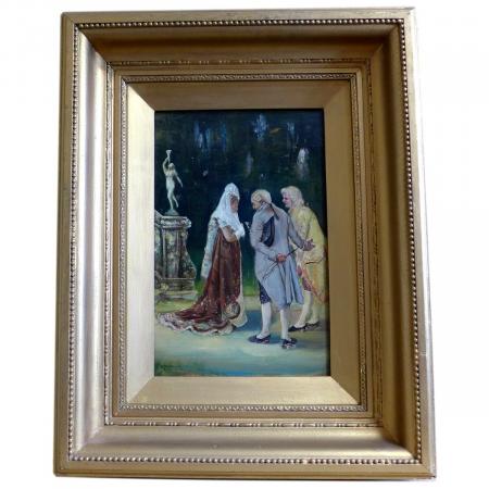 Gemälde Vorstellung der Braut, 2 Herren und eine Dame in herrschaftlichen Gewändern