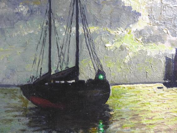 Monogrammist EH: Gemälde Boote auf See. Öl/Hartfaserplatte