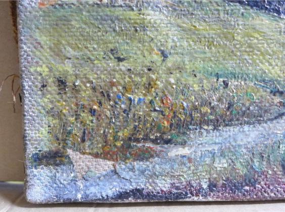 Gemälde Landschaft mit Bachlauf und Birken, im Hintergrund Berge