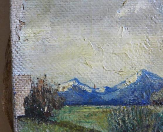 Gemälde Landschaft mit Bachlauf und Birken, im Hintergrund Berge