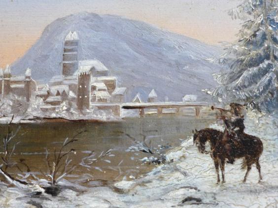 Gemälde Winterlandschaft mit Reiter mit Fanfare, im Hintergrund Schloß