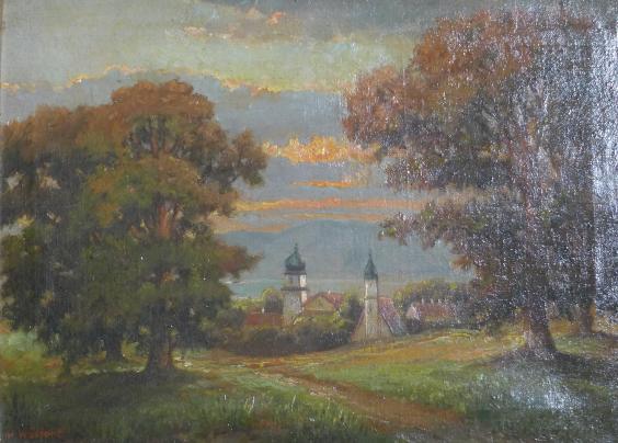 H. Wölfert: Gemälde Landschaft mit Stadtansicht und See. Öl / Leinwand
