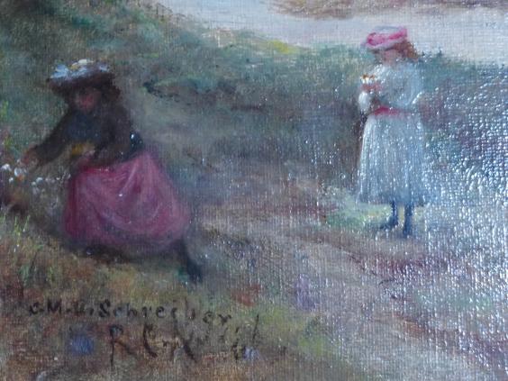 Charlotte Mount B. Schreiber: Landschaft mit 2 Mädchen, Blumen pflückend, am Bachlauf.