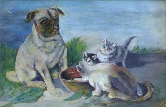 Monogrammist KH: Gemälde Hund mit 3 Katzen am Futternapf