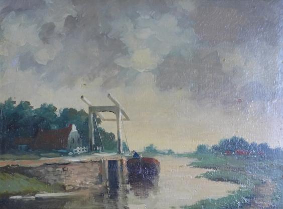 W. Roelofs: Gemälde Landschaft am Flusslauf mit Häusern und Boot. Öl / Holz