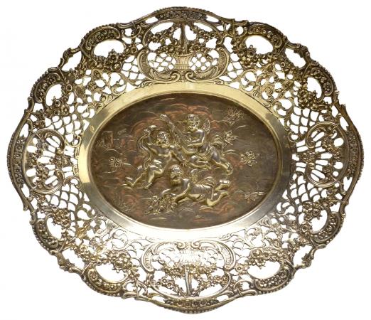 ovale Schale mit Putti, Blumendekor und Durchbruchrand, 800er Silber, 3,5 x 24 x 20,5 cm, 318 g