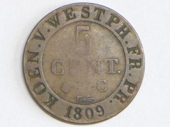Münze 5 Cent 1809 Westfalen Hieronymus Napoleon, 1807 - 1813, D: 29 mm