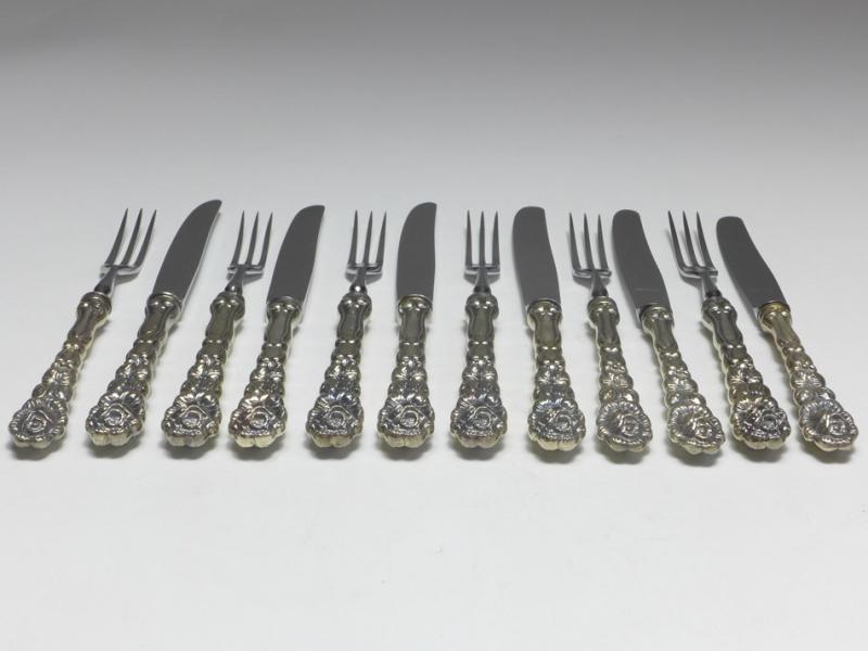Besteck Set 12tlg.: Obstbesteck 6x Messer und 6x Gabel, 835er Silber, Dekor Rose