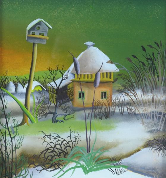 Gemälde Hinterglasmalerei Winterlandschaft, Naive Kunst, 20 x 20 cm