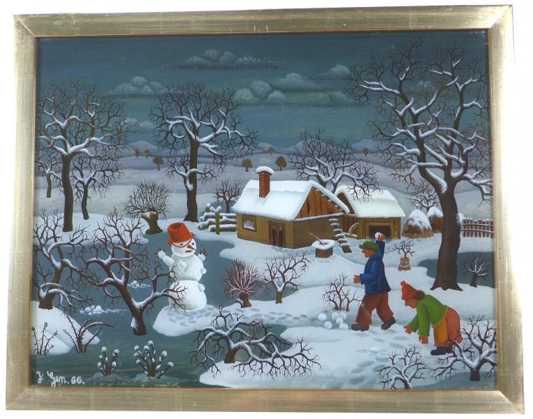 Generalic, Josip: Naive Kunst, Gemälde Hinterglasmalerei Winterlandschaft, 37 x 48 cm