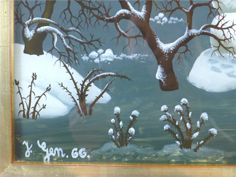Generalic, Josip: Naive Kunst, Gemälde Hinterglasmalerei Winterlandschaft, 37 x 48 cm