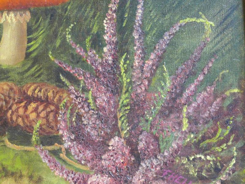 Hell, F.: Gemälde Wald Stilleben mit Fliegenpilzen, Heidekraut, Kiefernzapfen, Glockenblume