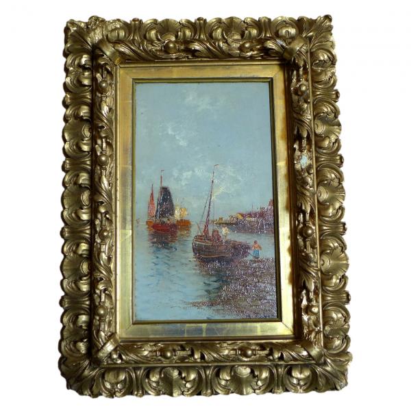 H. Fabre: Gemälde Segelboote im Hafen. Öl / Holz