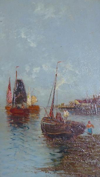 H. Fabre: Gemälde Segelboote im Hafen. Öl / Holz