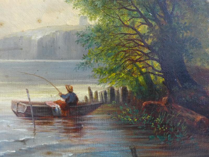 A. Thierer ?, 19. Jh.: Gemälde Landschaft mit Gehöft und Fischer am See, Öl/Leinwand
