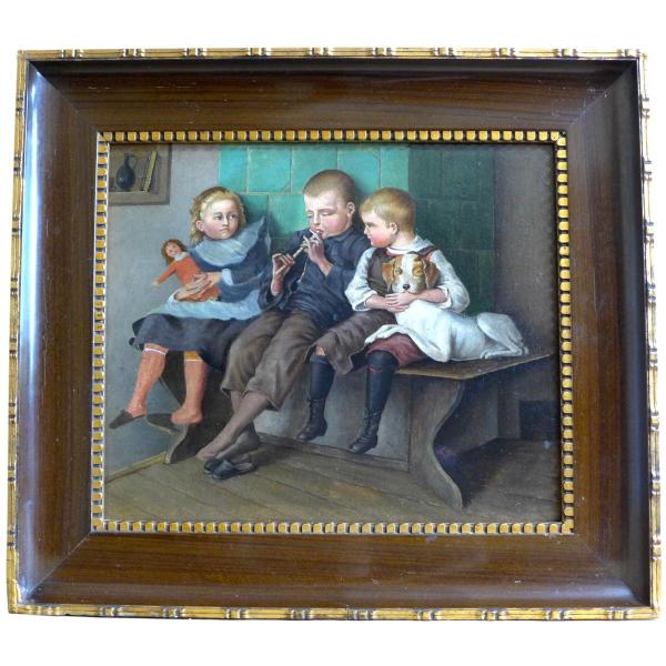 Monogrammist LT: Gemälde 3 Kinder mit Hund auf einer Holzbank am Ofen sitzend, dem Flötenspiel lauschend