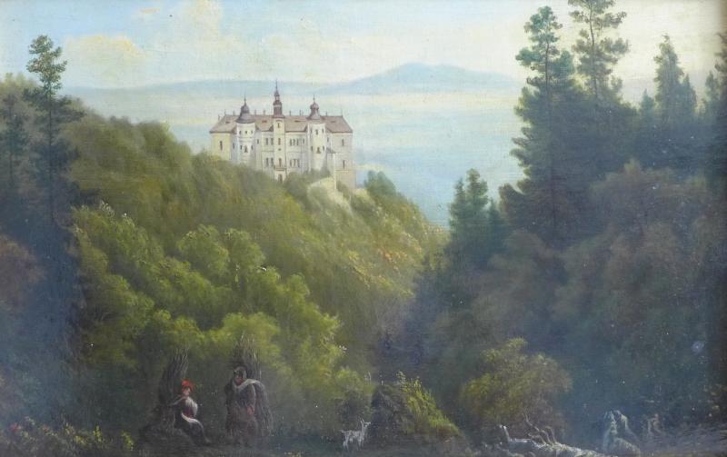 Monogrammist K.K.: Gemälde Landschaft mit Schloß, Personen. Öl/Leinwand