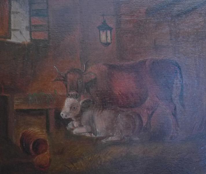 Gemälde Kuh mit Kälbchen im Stall unter Laterne. 19. Jh.