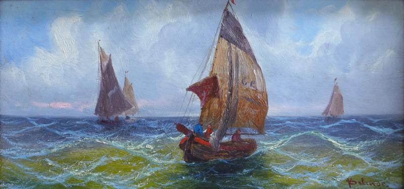 V. Delmar: Gemälde Fischerboote in unruhiger See. Öl/Holz