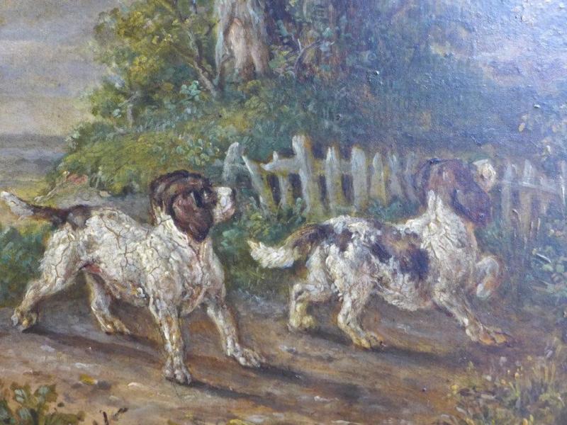 Gemälde Paar Jagdhunde in Landschaft, im Hintergrund Jäger